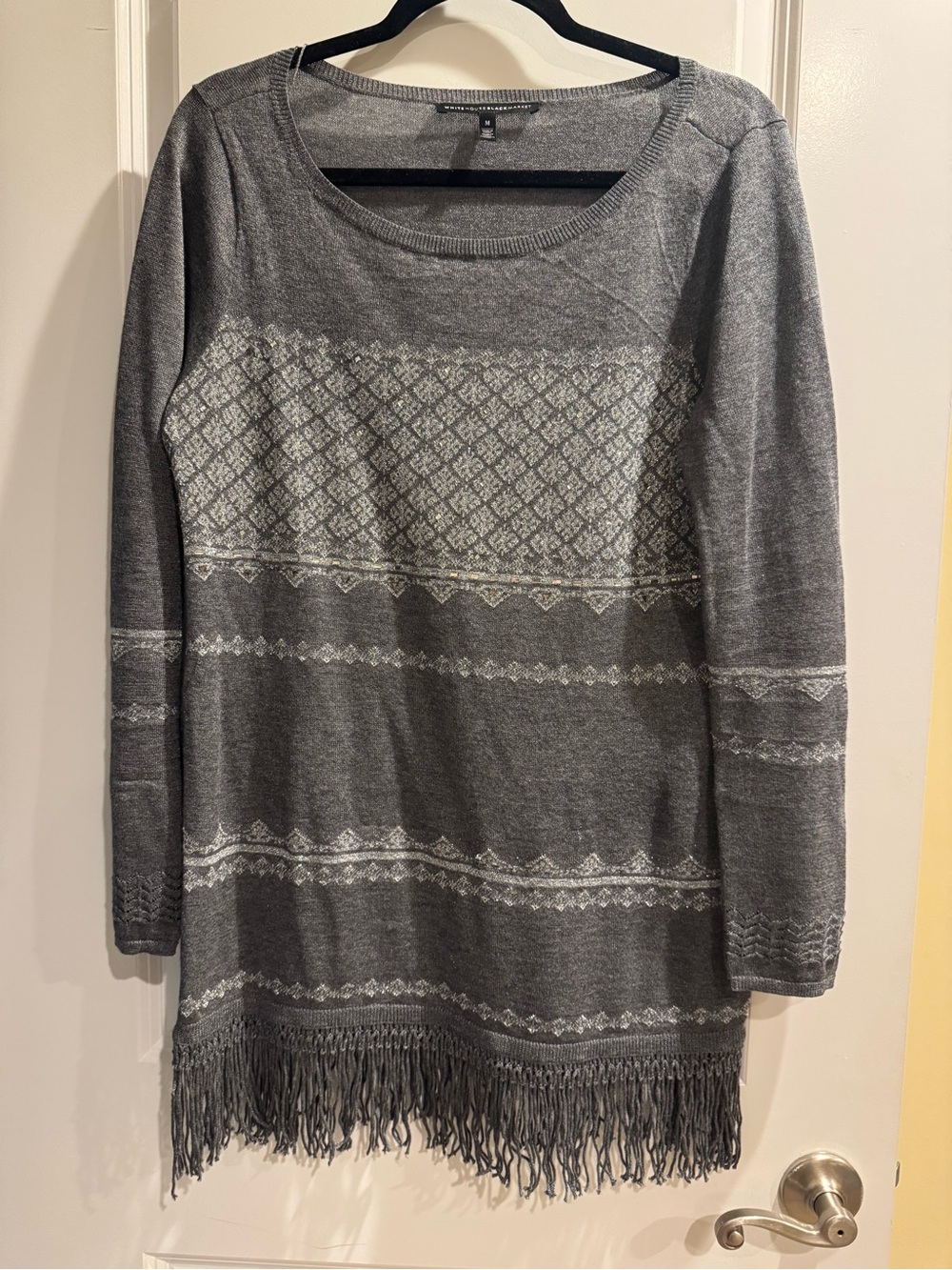 White House Black Market Gray Scoop Neck Fringe Sweater
